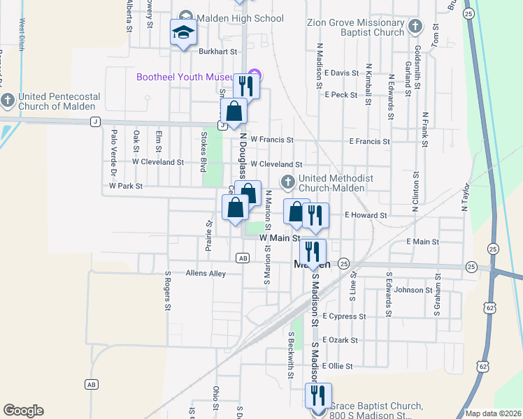 map of restaurants, bars, coffee shops, grocery stores, and more near 351-399 West Howard Street in Malden
