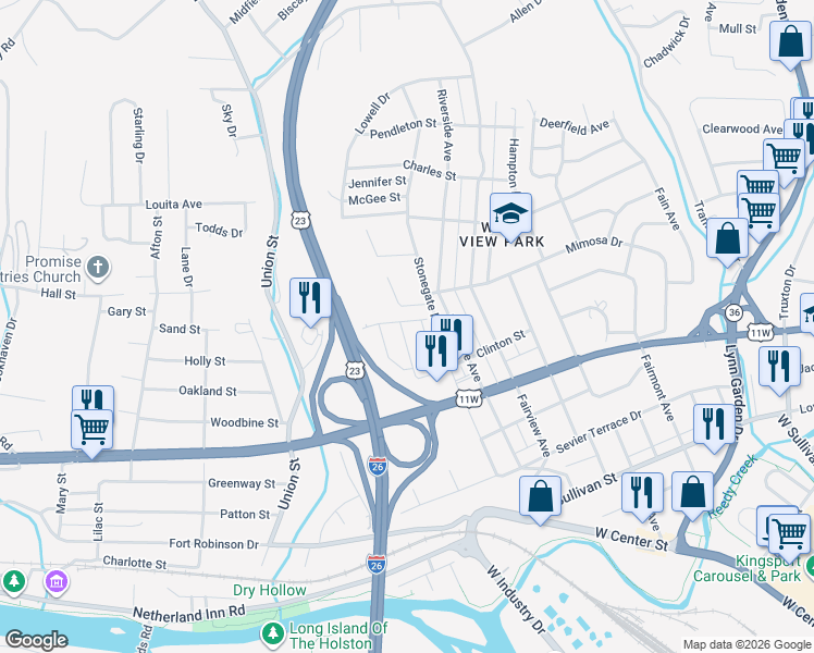 map of restaurants, bars, coffee shops, grocery stores, and more near 1000 Stonegate Road in Kingsport