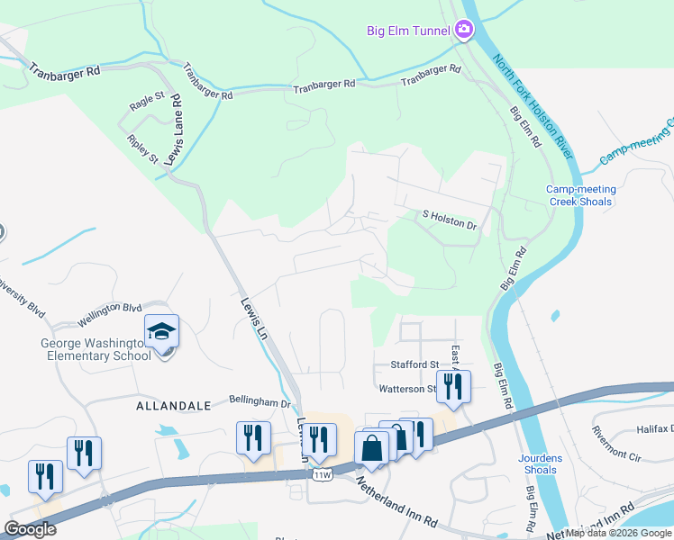map of restaurants, bars, coffee shops, grocery stores, and more near 1121 Faye Street in Kingsport