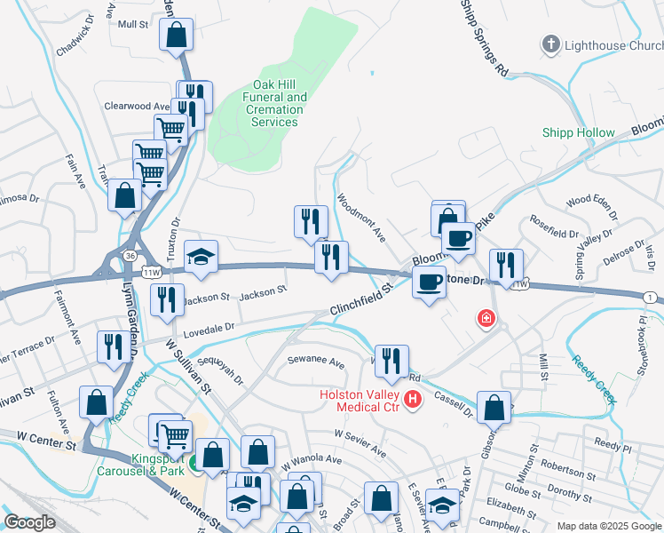 map of restaurants, bars, coffee shops, grocery stores, and more near 425 West Stone Drive in Kingsport