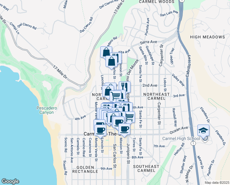 map of restaurants, bars, coffee shops, grocery stores, and more near 8 Mission Street in Carmel-by-the-Sea