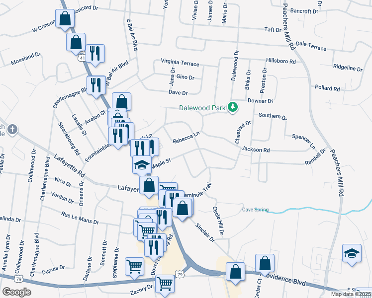 map of restaurants, bars, coffee shops, grocery stores, and more near 36 Maple Street in Clarksville