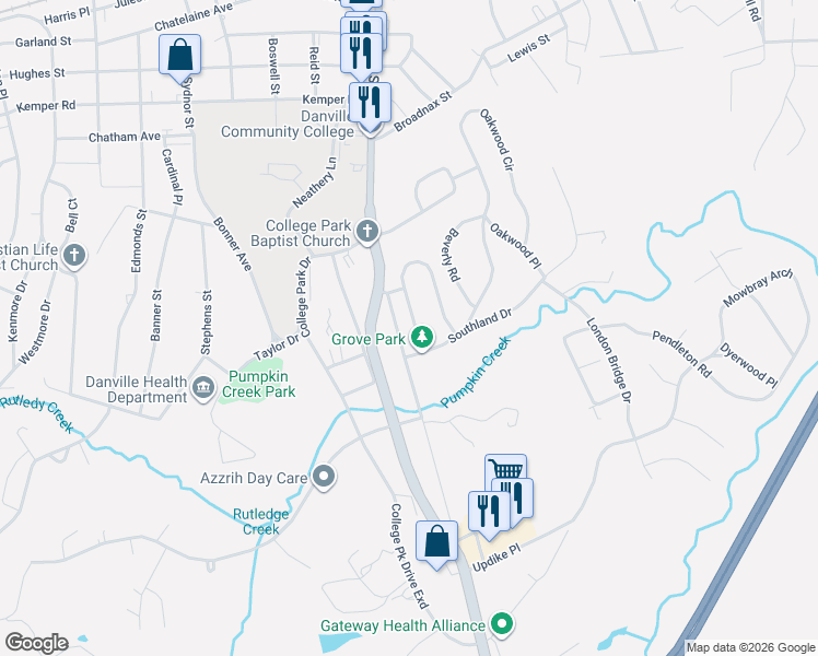 map of restaurants, bars, coffee shops, grocery stores, and more near Pumpkin Creek Lane in Danville
