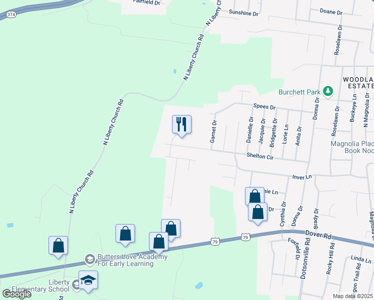 map of restaurants, bars, coffee shops, grocery stores, and more near 832 Shelton Circle in Clarksville