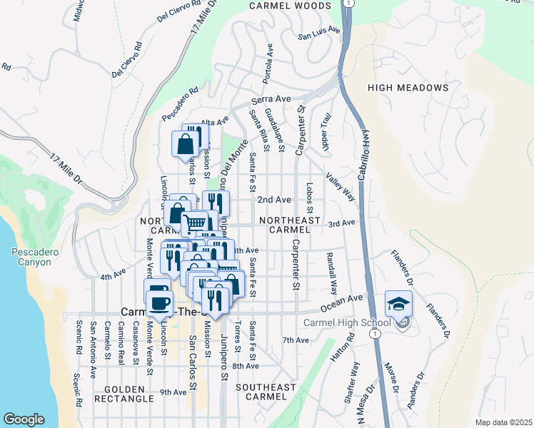 map of restaurants, bars, coffee shops, grocery stores, and more near 0 Santa Rita Street in Carmel-by-the-Sea