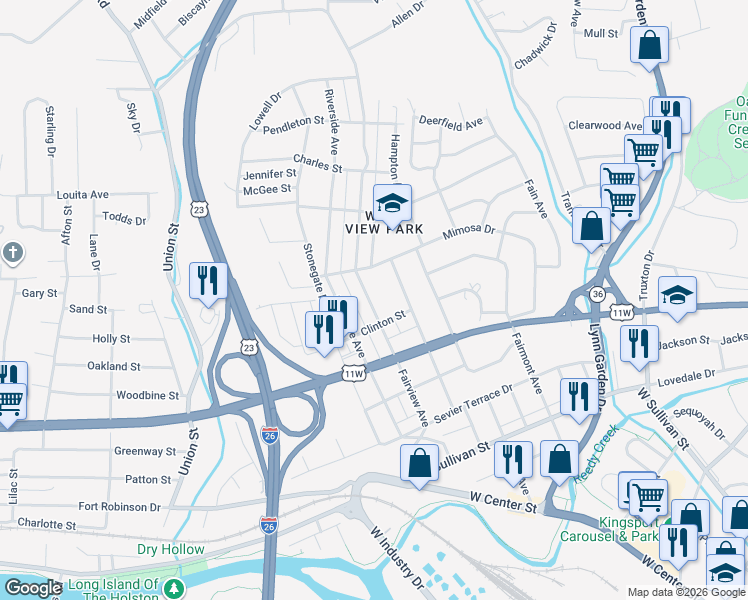 map of restaurants, bars, coffee shops, grocery stores, and more near 918 Fairview Avenue in Kingsport