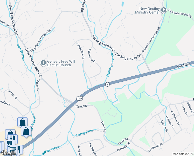 map of restaurants, bars, coffee shops, grocery stores, and more near 1004 Sunny Place in Kingsport
