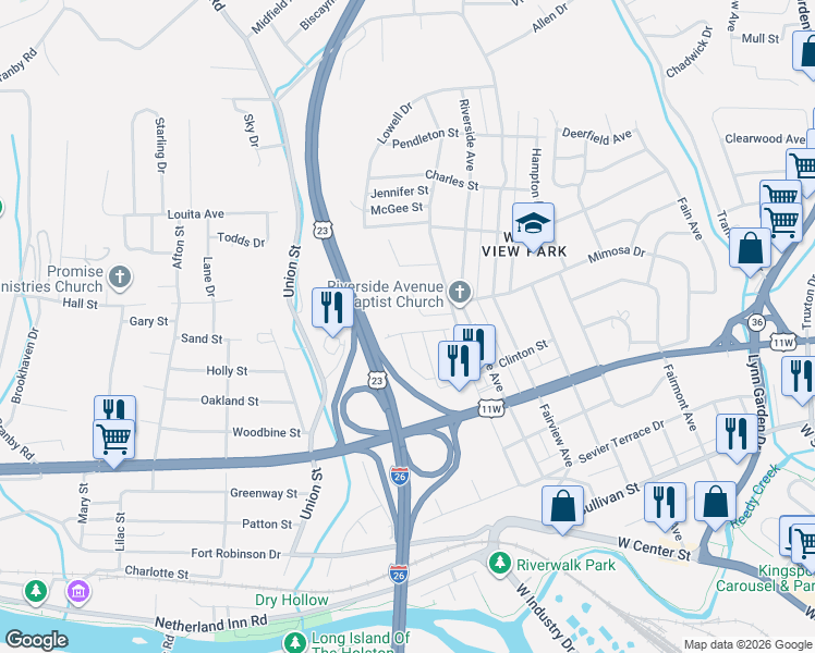 map of restaurants, bars, coffee shops, grocery stores, and more near 1000 Stonegate Road in Kingsport