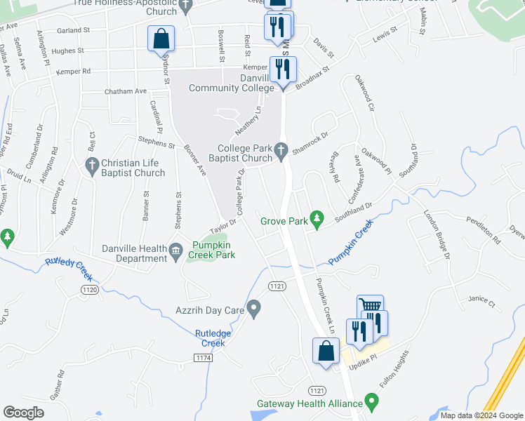 map of restaurants, bars, coffee shops, grocery stores, and more near 132 Baskerville Court in Danville