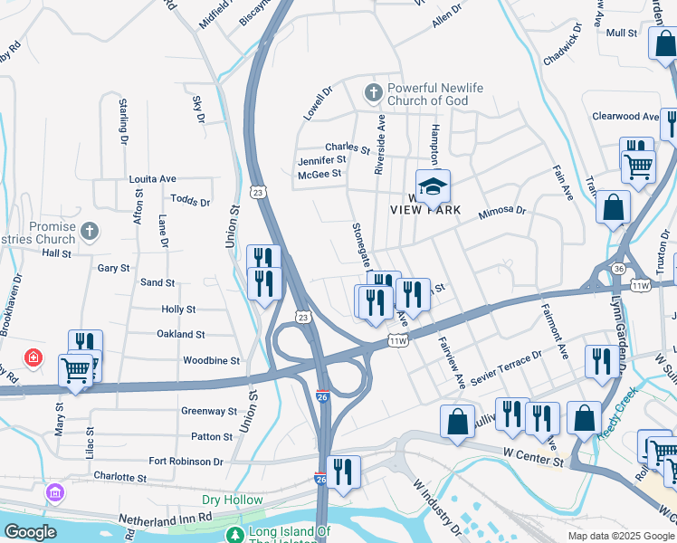 map of restaurants, bars, coffee shops, grocery stores, and more near in Kingsport
