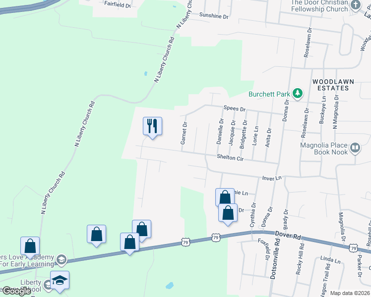 map of restaurants, bars, coffee shops, grocery stores, and more near 814 Shelton Circle in Clarksville