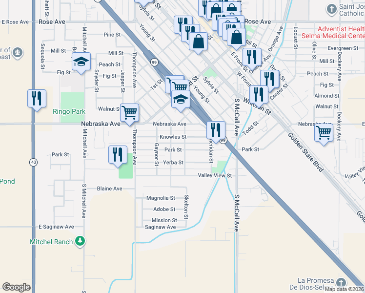 map of restaurants, bars, coffee shops, grocery stores, and more near 1903 Skelton Street in Selma