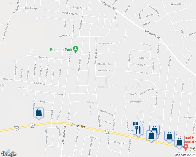 map of restaurants, bars, coffee shops, grocery stores, and more near 484 Medallion Circle in Clarksville