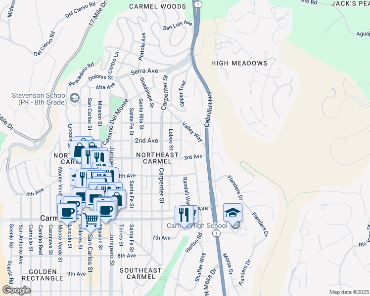 map of restaurants, bars, coffee shops, grocery stores, and more near 25045 Monterey Street in Carmel-by-the-Sea