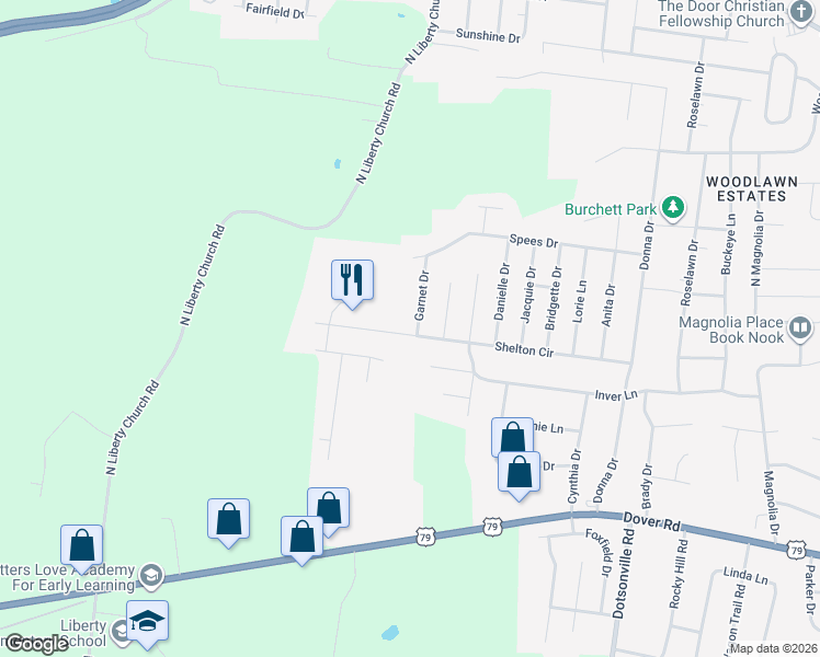 map of restaurants, bars, coffee shops, grocery stores, and more near 814 Shelton Circle in Clarksville