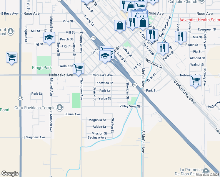map of restaurants, bars, coffee shops, grocery stores, and more near 2217-1/2 Park Street in Selma