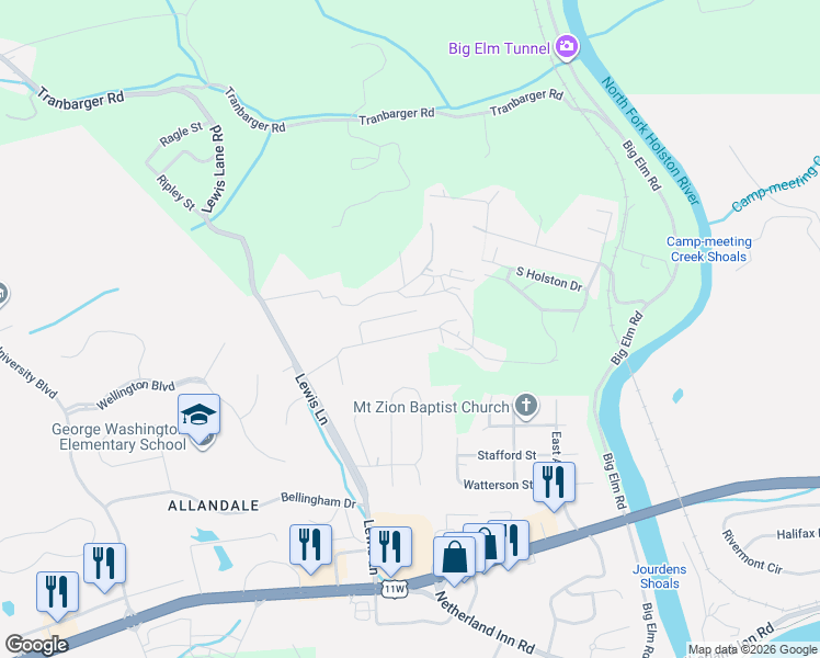 map of restaurants, bars, coffee shops, grocery stores, and more near 1121 Faye Street in Kingsport