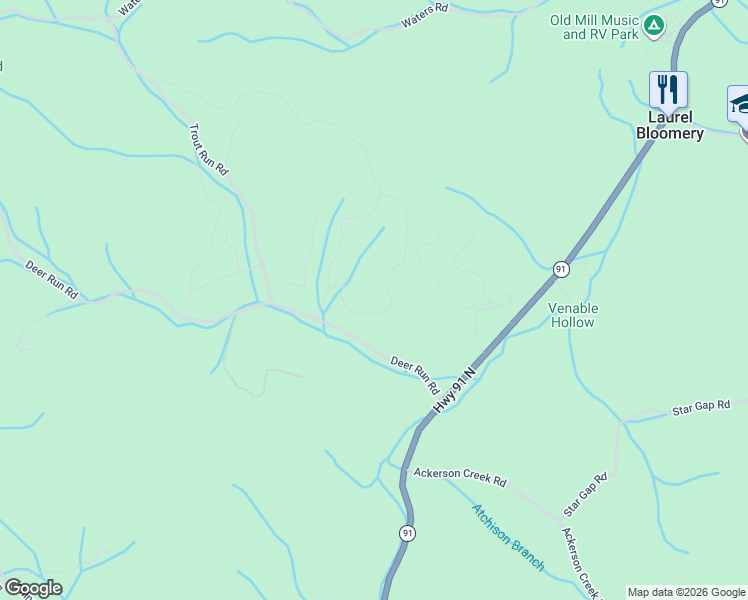 map of restaurants, bars, coffee shops, grocery stores, and more near 424 Possum Valley Road in Mountain City