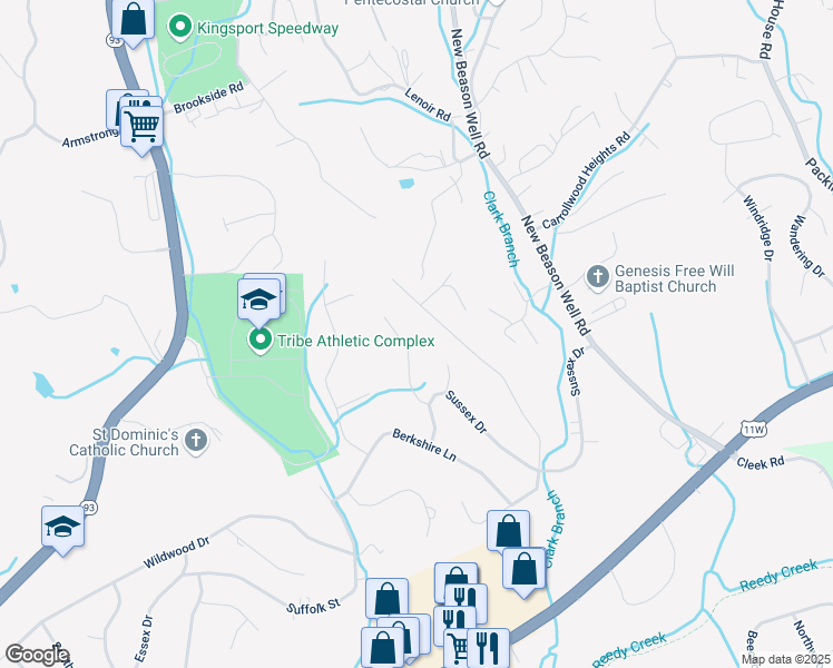 map of restaurants, bars, coffee shops, grocery stores, and more near 1016 Hanover Court in Kingsport