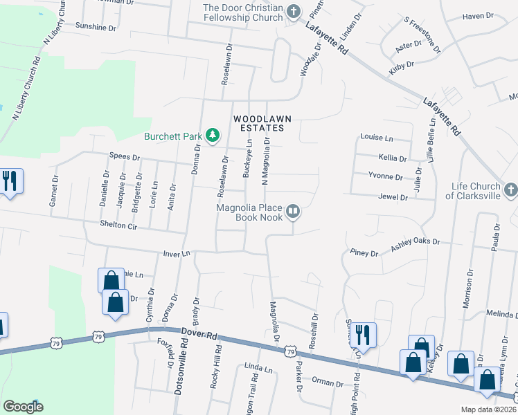 map of restaurants, bars, coffee shops, grocery stores, and more near 526 Sourwood Drive in Clarksville