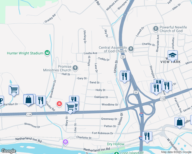 map of restaurants, bars, coffee shops, grocery stores, and more near 908 Lane Drive in Kingsport
