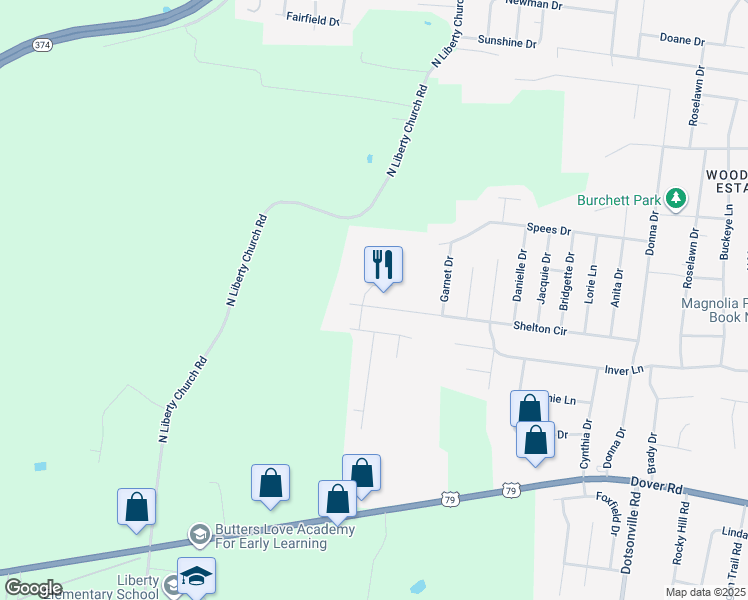 map of restaurants, bars, coffee shops, grocery stores, and more near 841 Shelton Circle in Clarksville