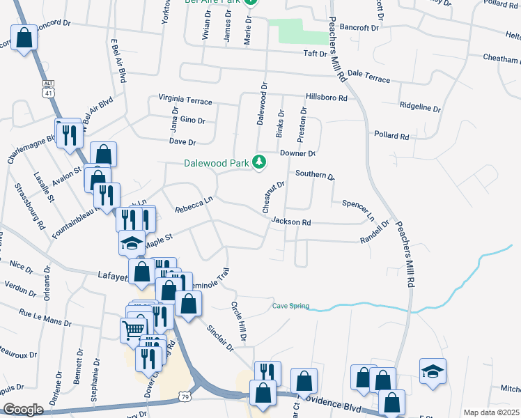 map of restaurants, bars, coffee shops, grocery stores, and more near 108 Chestnut Drive in Clarksville