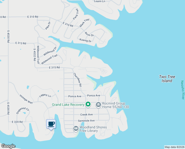 map of restaurants, bars, coffee shops, grocery stores, and more near 453601-453799 E 315 Rd in Cleora