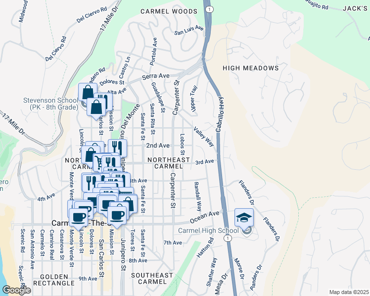 map of restaurants, bars, coffee shops, grocery stores, and more near 2 Lobos Street in Carmel-by-the-Sea
