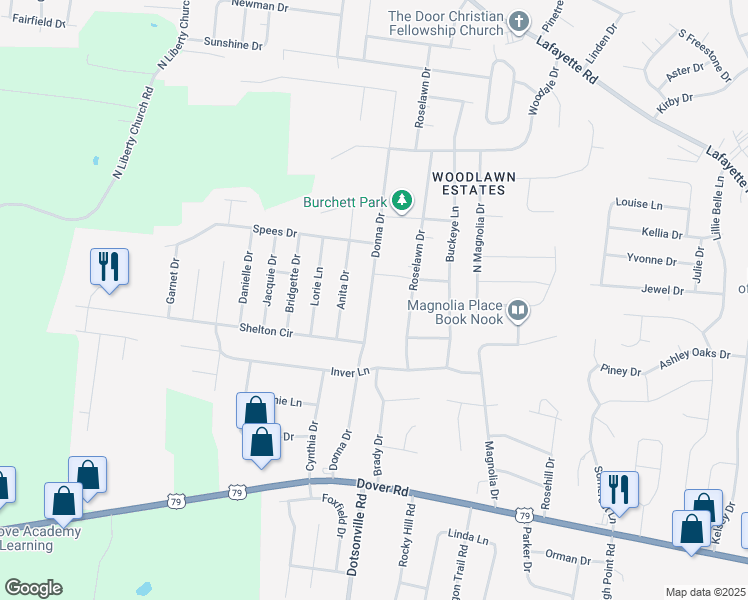 map of restaurants, bars, coffee shops, grocery stores, and more near 539 Donna Drive in Clarksville