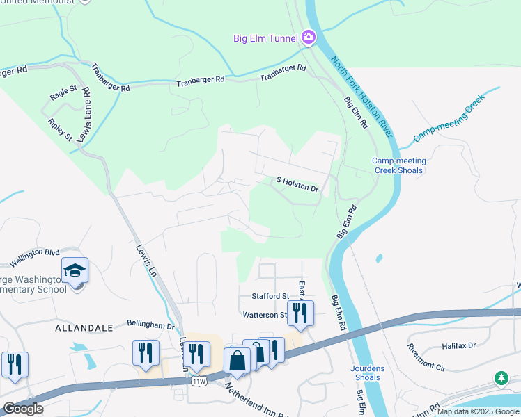 map of restaurants, bars, coffee shops, grocery stores, and more near 106 South Holston Drive in Church Hill