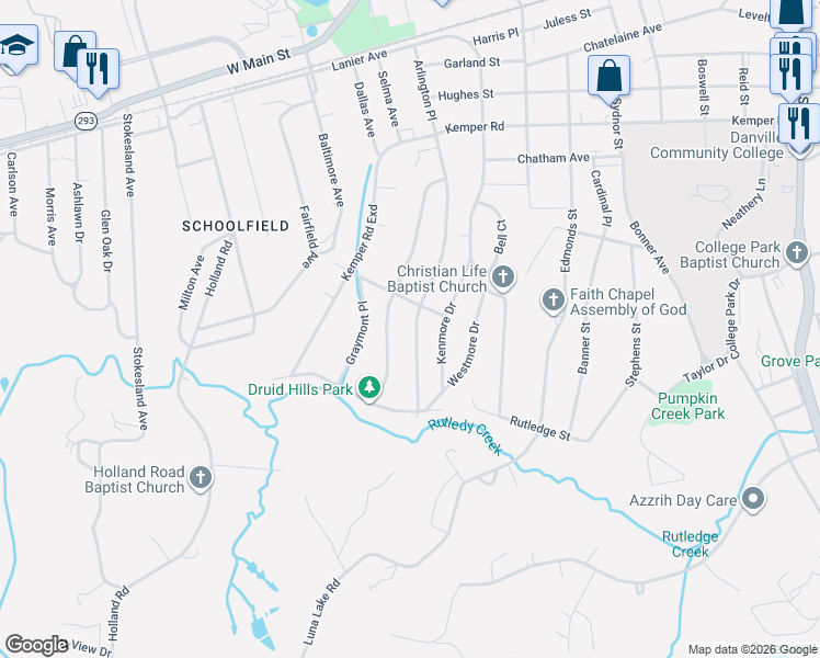 map of restaurants, bars, coffee shops, grocery stores, and more near 708 Arlington Road in Danville