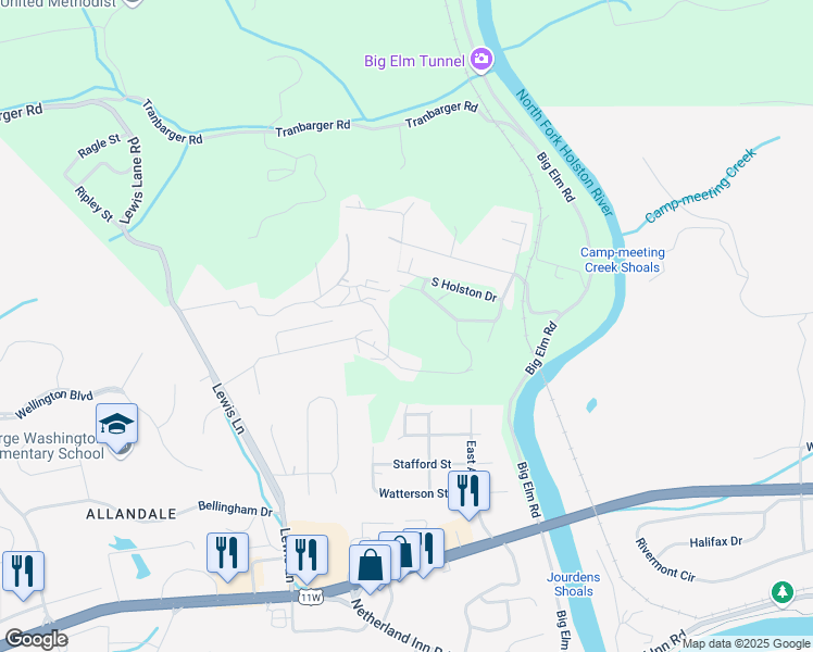 map of restaurants, bars, coffee shops, grocery stores, and more near 106 South Holston Drive in Church Hill