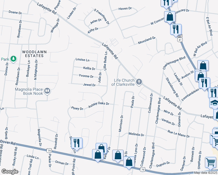 map of restaurants, bars, coffee shops, grocery stores, and more near 419 Lillie Belle Lane in Clarksville