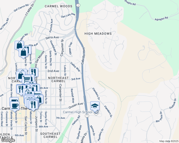 map of restaurants, bars, coffee shops, grocery stores, and more near 24971 North Carmel Hills Drive in Carmel-by-the-Sea