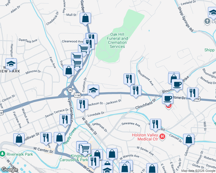 map of restaurants, bars, coffee shops, grocery stores, and more near 564 Bays View Road in Kingsport