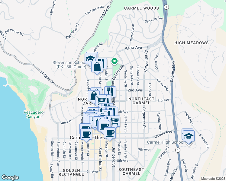 map of restaurants, bars, coffee shops, grocery stores, and more near 2nd Avenue in Carmel-by-the-Sea