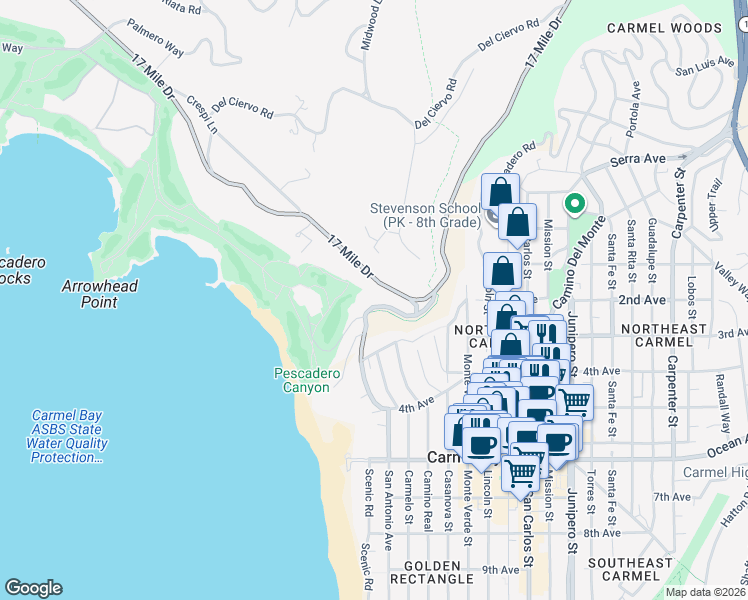 map of restaurants, bars, coffee shops, grocery stores, and more near 3426 17 Mile Drive in Del Monte Forest