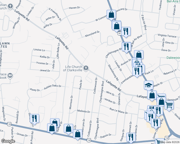 map of restaurants, bars, coffee shops, grocery stores, and more near 459 Lafayette Road in Clarksville