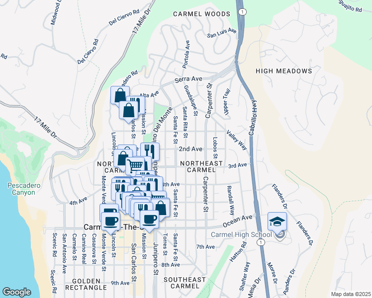 map of restaurants, bars, coffee shops, grocery stores, and more near 2nd Avenue & Santa Rita Street in Carmel