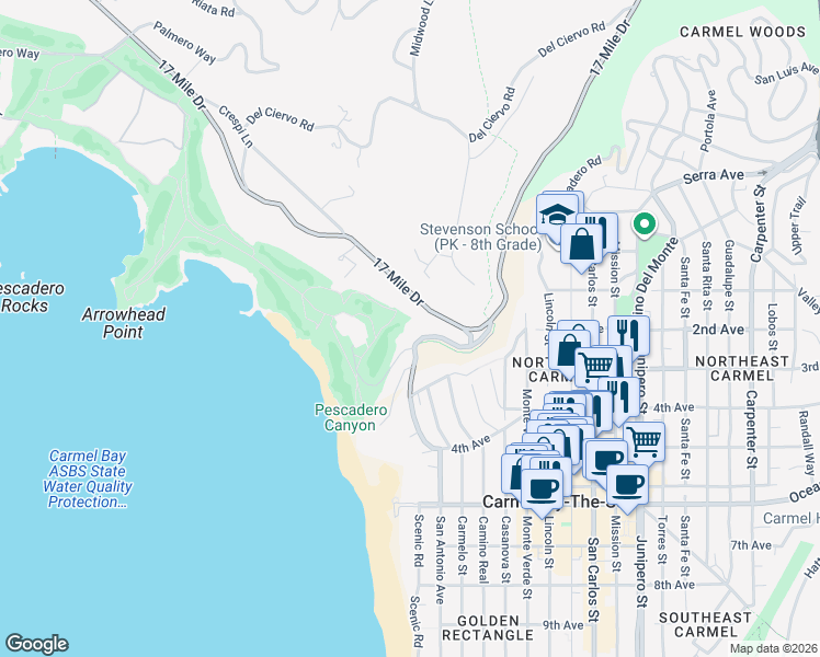 map of restaurants, bars, coffee shops, grocery stores, and more near 3426 17 Mile Drive in Del Monte Forest