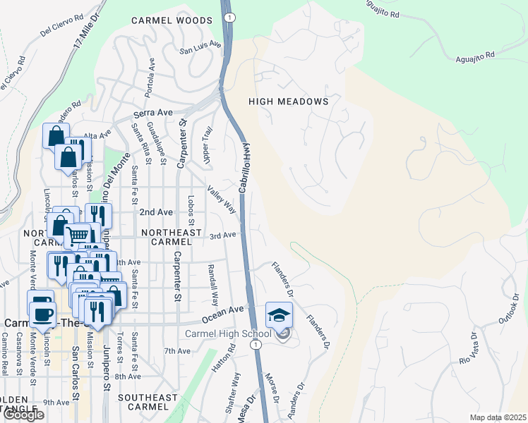 map of restaurants, bars, coffee shops, grocery stores, and more near 24971 North Carmel Hills Drive in Carmel-by-the-Sea