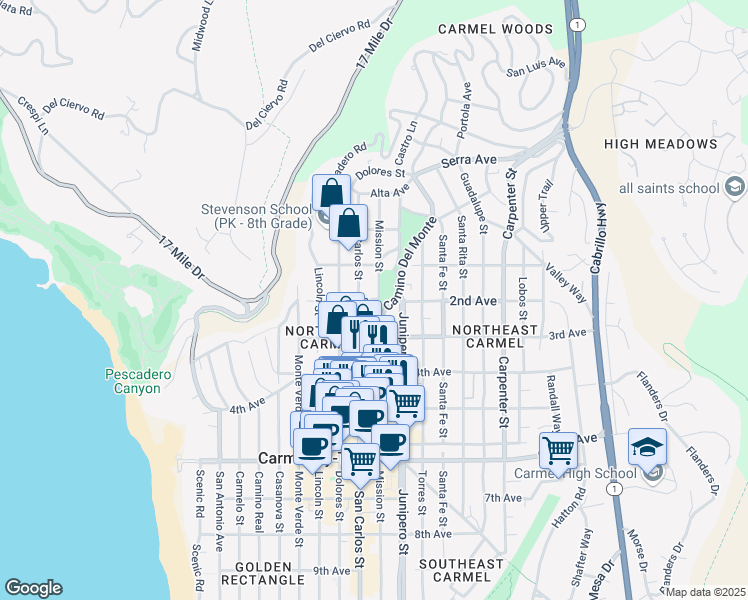 map of restaurants, bars, coffee shops, grocery stores, and more near 2nd Avenue in Carmel-by-the-Sea