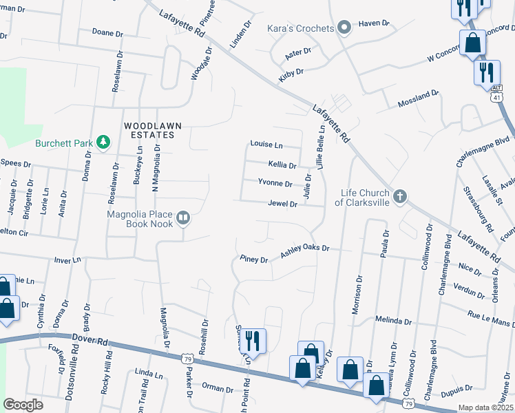map of restaurants, bars, coffee shops, grocery stores, and more near 524 Jewel Drive in Clarksville
