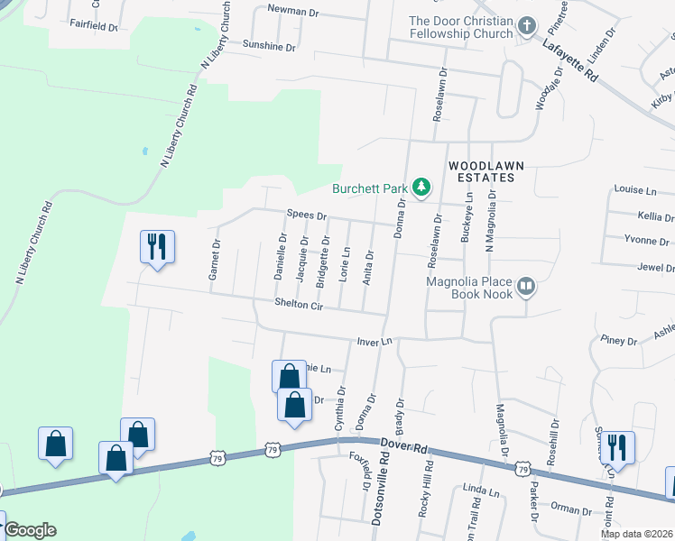 map of restaurants, bars, coffee shops, grocery stores, and more near 564 Lorie Lane in Clarksville