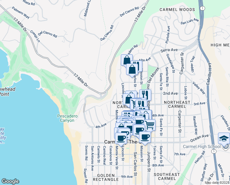 map of restaurants, bars, coffee shops, grocery stores, and more near in Carmel-by-the-Sea