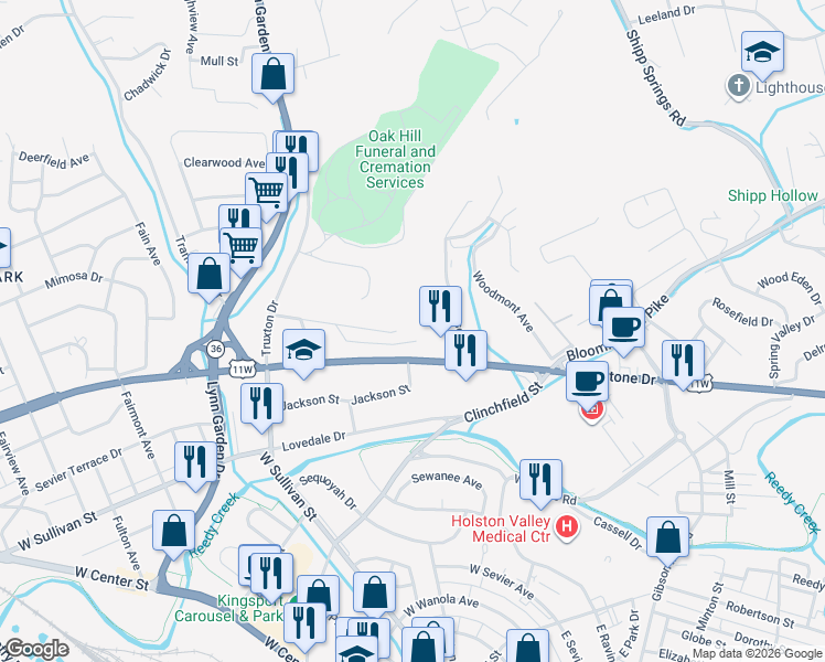 map of restaurants, bars, coffee shops, grocery stores, and more near 524 Bays View Road in Kingsport