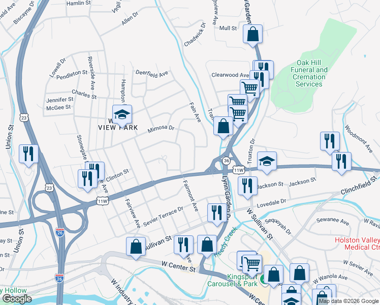 map of restaurants, bars, coffee shops, grocery stores, and more near 819 Fain Avenue in Kingsport