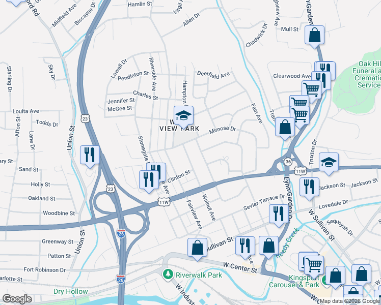 map of restaurants, bars, coffee shops, grocery stores, and more near 933 Walnut Avenue in Kingsport