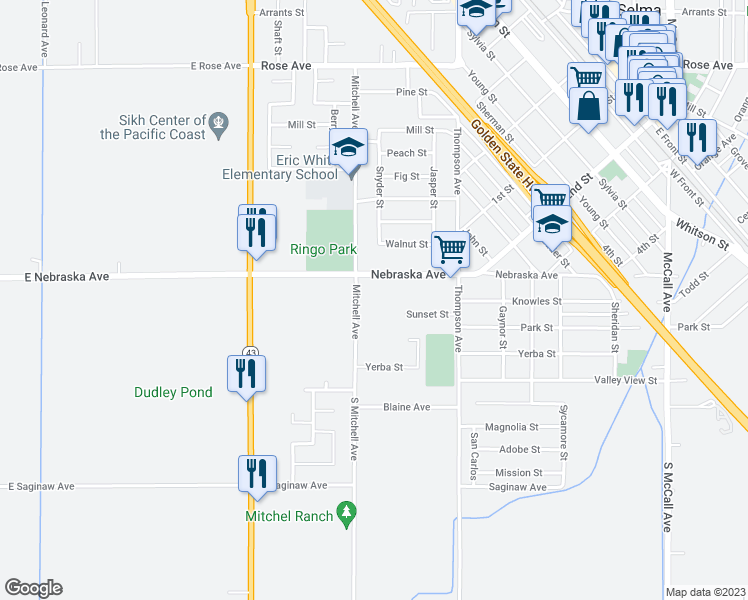 map of restaurants, bars, coffee shops, grocery stores, and more near 2645 Nebraska Avenue in Selma